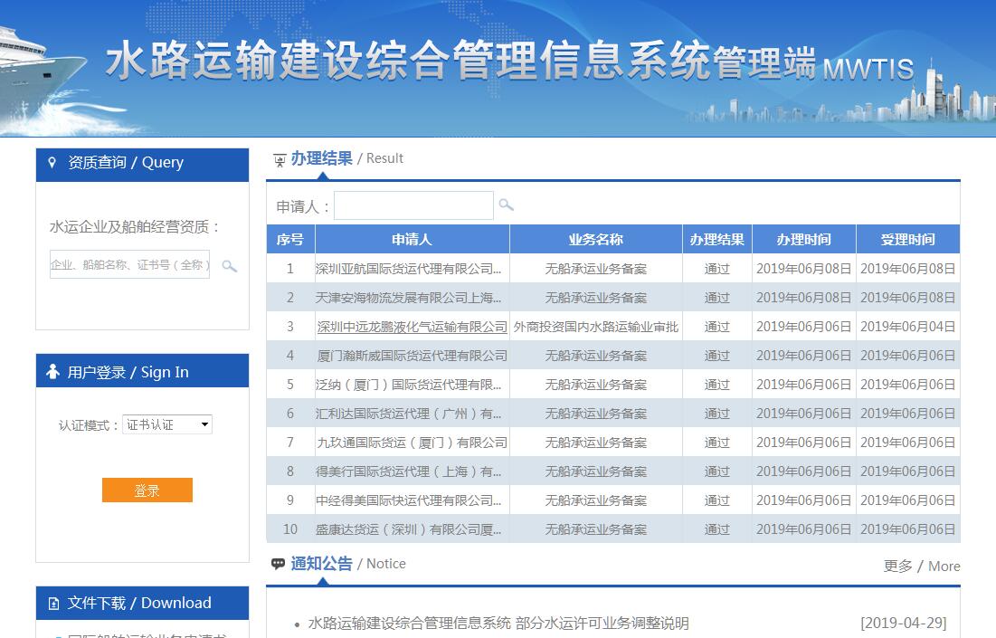 水路运输建设综合管理信息系统管理入口